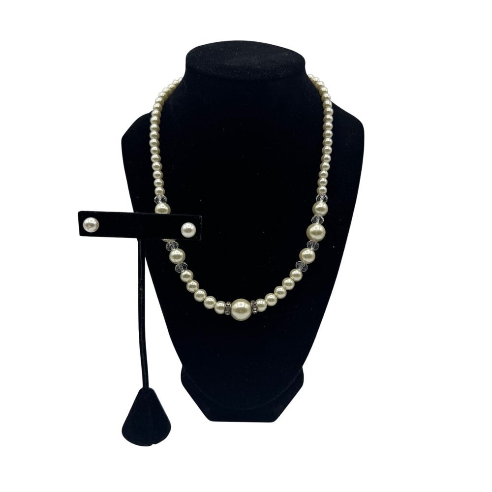 Elegant Faux Pearl Necklace & Earring Set With Rhinestone Accents